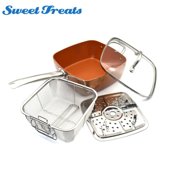

Sweettreats copper Square Pan Induction Chef w/Glass Lid Fry Basket, Steam Rack 4 Piece Set, 9.5 inches used in induction