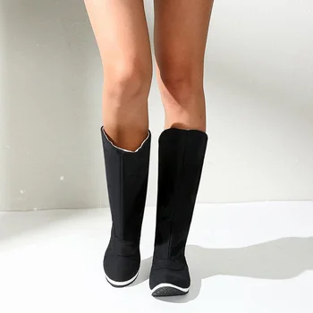 

Black Women Boots Casual Low Heels Canvas Flat Boots Ladies Autumn Winter Pointed Toe Slip On Women Mid Calf Long Shoes VT1397