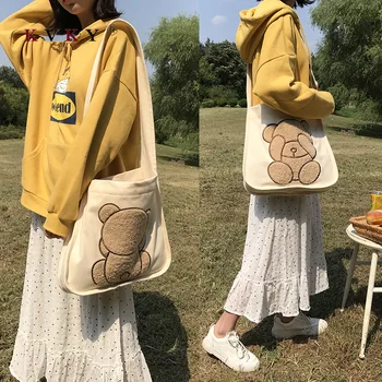 

Cute Bear Print Canvas Bag Korean Version of The Girl Soft Sister Diagonal Cross Bags Large Capacity Shoulder Shopping Bag Bolsa