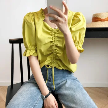 

Drawstring Ruffled Shirt nv duan xiu 2020 Summer Design Niche Folds Puff Sleeve Blouse