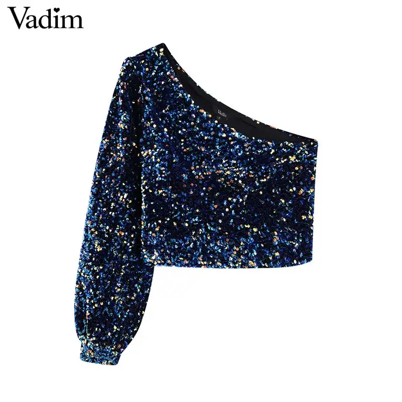 Vadim womne, модная сексуальная блестящая блузка с блестками, на одно плечо, эластичная, на молнии сбоку, Женская праздничная одежда, кроп-топы, блузы LB724