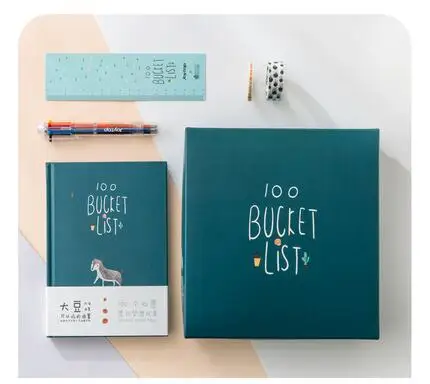1 Set A5 Diary Planner Girl Student Cute Wishes Notebook Hard Cover Line Page, Washi Tape, 6 In 1 Color Pen, Ruler School Supply - Цвет: dark green