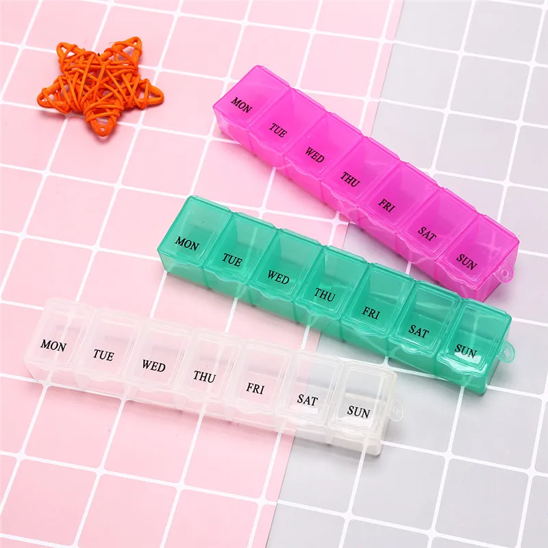 1Pc 7 Days Weekly Tablet Pill Medicine Box Holder Storage Organizer Container Case Pill Box Splitters 15x3x2.5cm