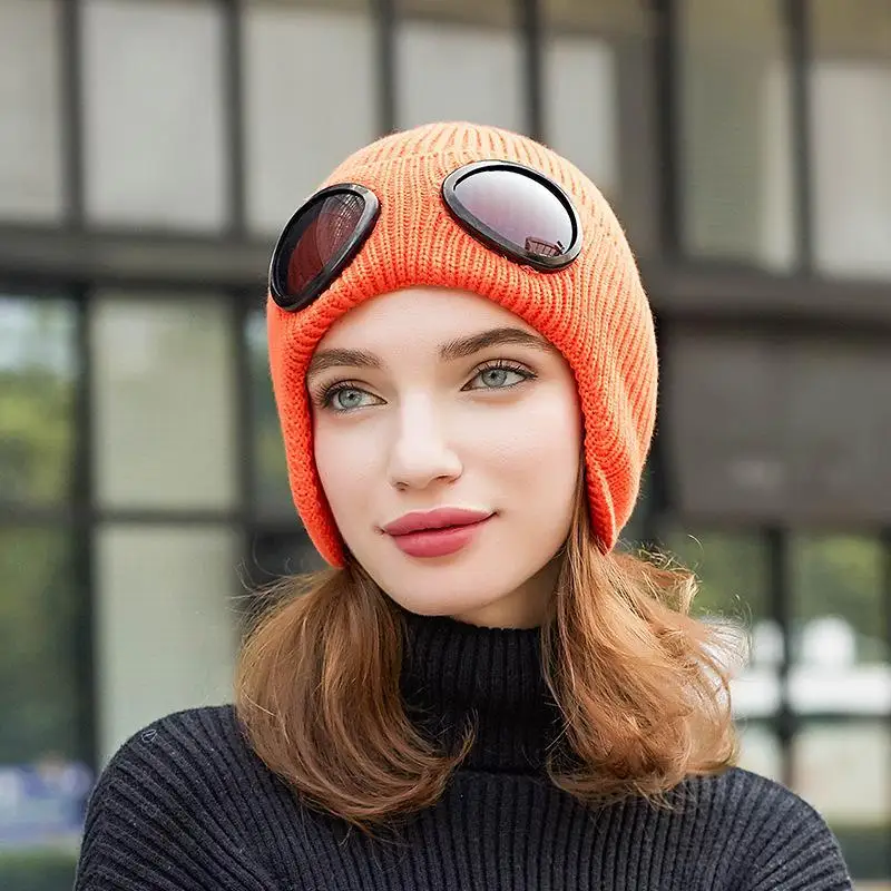 Orange Studyset утолщенная теплая шапка с очками Вязаная Шерстяная Лыжная езда уличная теплая шапка бини Вязаная Шерстяная 56-60 см - Цвет: Orange