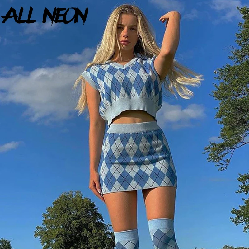 ALLNeon Y2K Aesthetics Argyle Plaid Knitted Co ords Set E girl Sleeveless Tank Tops and Mini Skirt Suit 2 Piece Vintage 90s Fall
