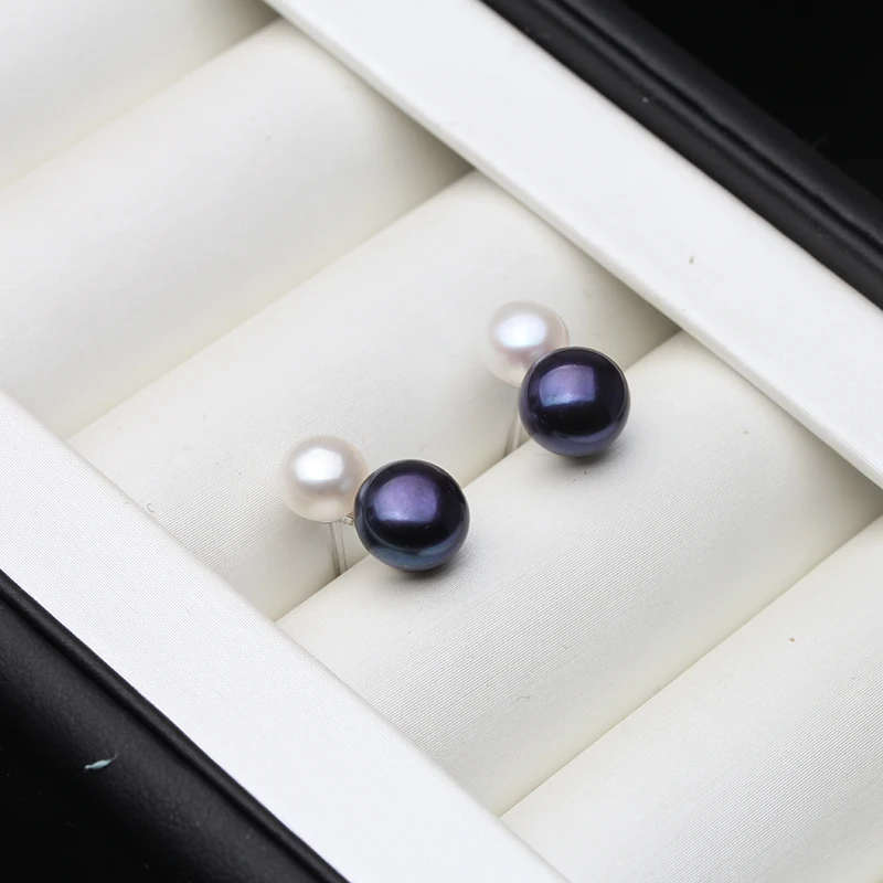 925 Sterling Silver Stud Earrings Fine Jewelry,Wedding Small Cute Double Pink Pearl Earrings For Women White Black