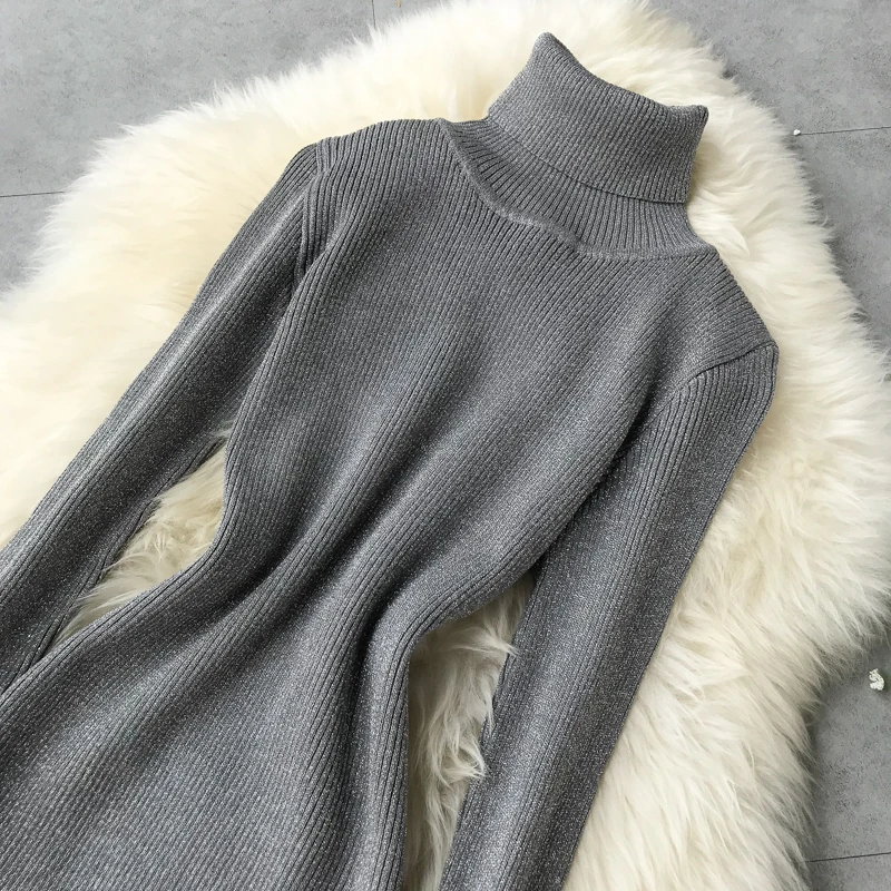 Autumn Winter Dress Women Warm Turtleneck Glitter Knitted Sweater Dress Casual Bodycon Midi Dress Long Sleeve Ladies Dresses