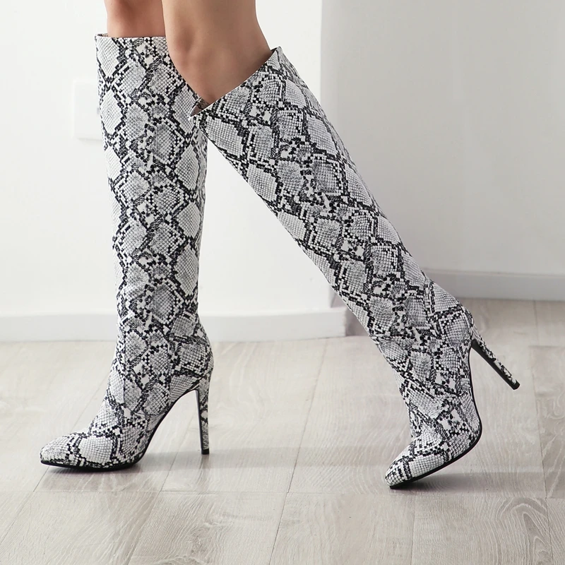 

Wild Snakeskin pattern Long Boots Thin Heel Pointed Toe Knee High Boots Autumn Winter Slip-on Shoes Female Boot Big Size 40 41