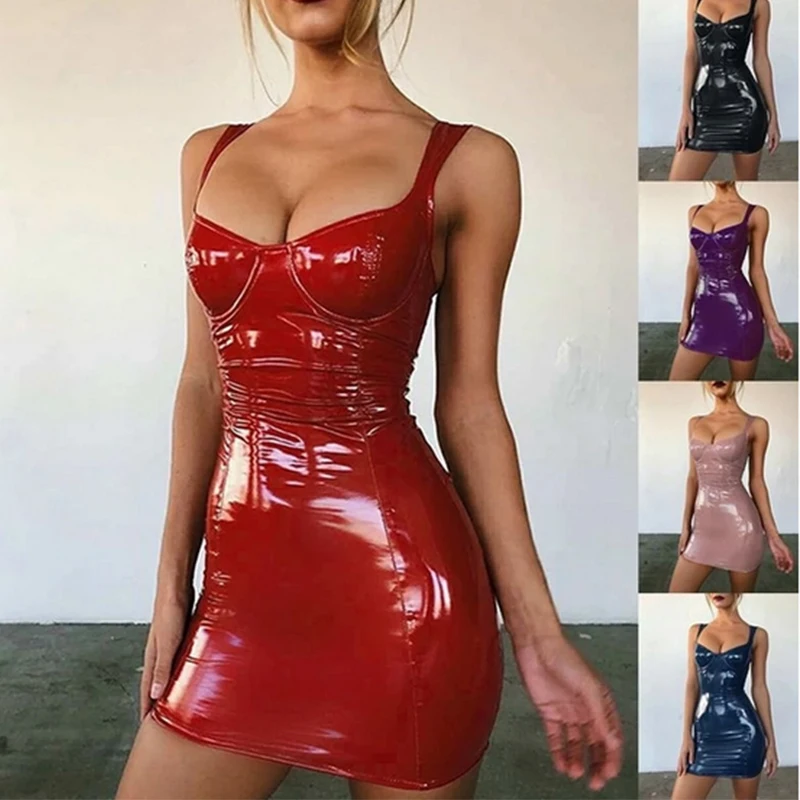 

Women Sexy Backless Club Party Short Dress Latex Faux PU Leather Bodycon Mini Dress Sleeveless Strap Sexy Club Dress Vestido