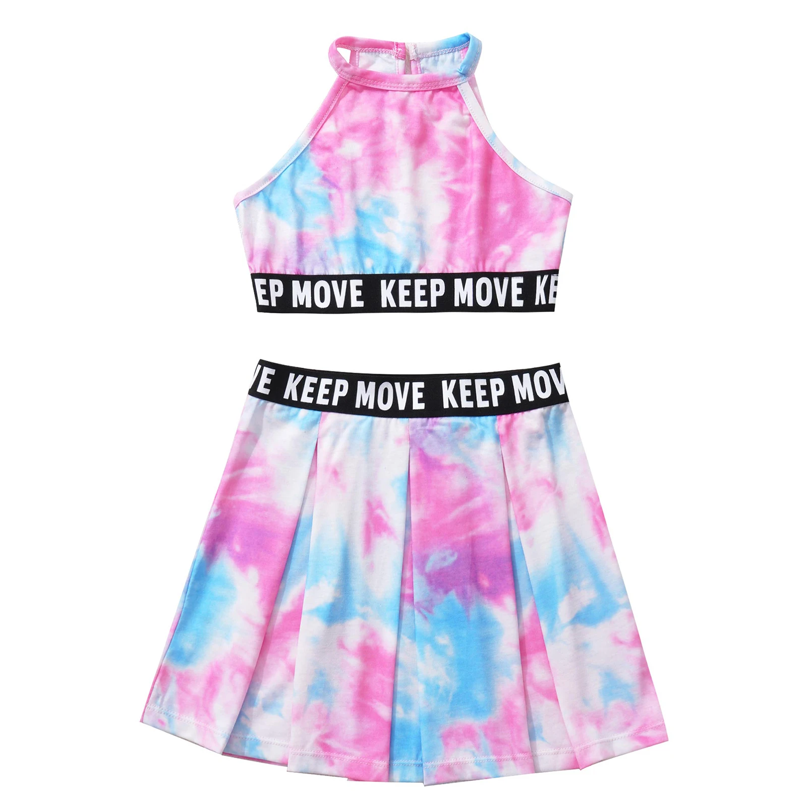 Kids Girls Tie Dye Print Sport Suit Halter Neck Sleeveless Crop Vest Tops and Pleated Skirt Set for Gym Tennis Dance Workout