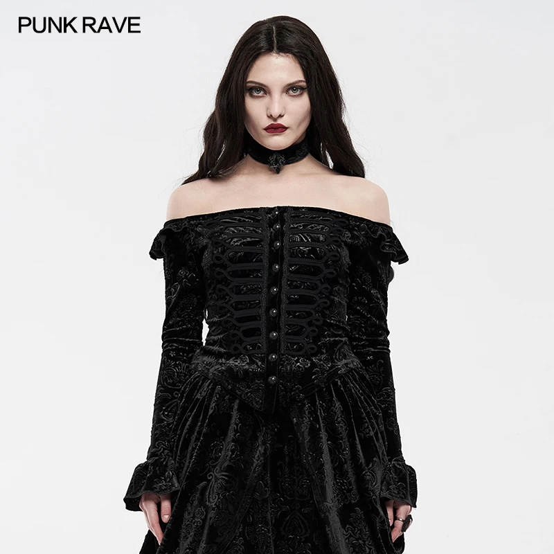 PUNK RAVE Sexy Women's punk Magic Shirts Shuttle Jacquard Retro Chiffon Long Sleeve Sexy Off Shouder Blouse with buttom witch shadow book witch magic notes embossed retro notebook elk shape embossed