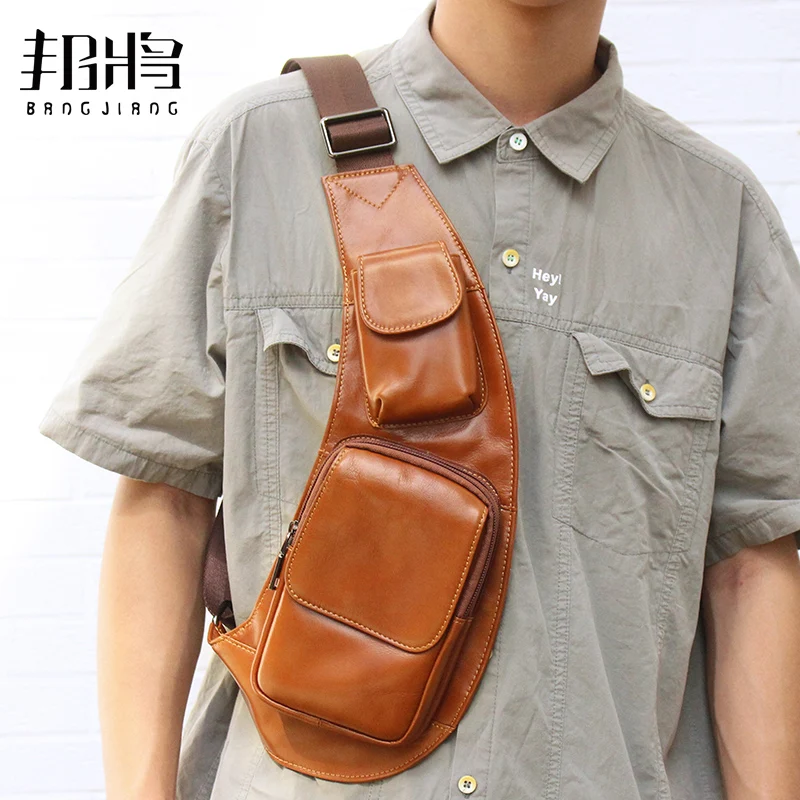 

Genuine Leather Crossbody Bag Men Zipper Chest Bag Messenger Bag Outdoor Pouch Shoulder Packet High Capacity Waist Packet