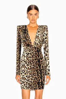 

Fashion Nova 2020 New Chic Sexy Leopard Dress Draped Design Deep V-Neck Long Sleeveless Celebrity Party Club Mini Dress Vestido