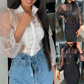 

Fashion Women Ladies Puff Mesh Sleeve Tops Pullover Sweater Blouse Loose Jumper Tops Bikini Cover Up Beachwear