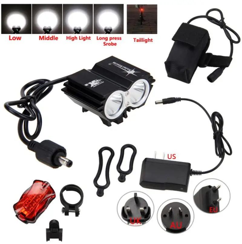 with Taillight Солнечный штормовый велосипедный светильник 2* T6 светодиодный 4 режима MTB дорожный передний велосипедный головной светильник с сигнаПредупреждение безопасности красный лазерный задний фонарь - Цвет: with Taillight