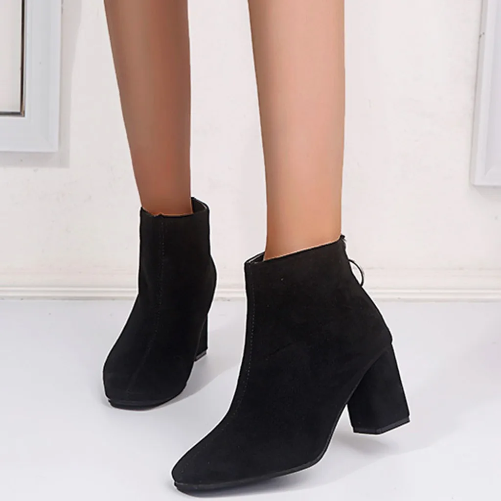 

Boots Women Flock Winter Boots Women Sexy Ankle Zipper On Back Square Toe Flock High Heels Boots Warm 2019 zapatos de mujer
