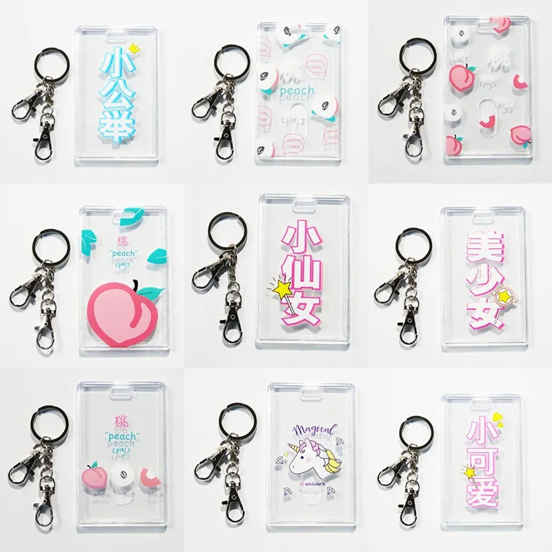 

2019 New Korean Card Holder Transparent Acrylic ID Card Holder Plastic Kawaii Animal Fruits Keychain Student Card Holder 1 PC