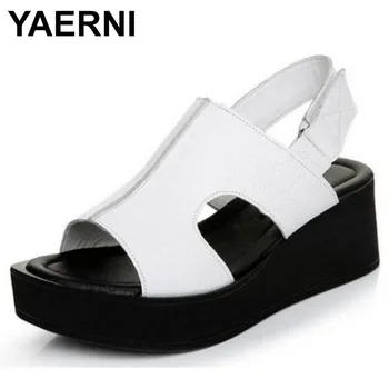 

YAERNI New Fish Head Large Size Women Summer Shoes Sandals 2020 Best Selling Genuine Leather Sandals Platform Shoes Woman Wedge