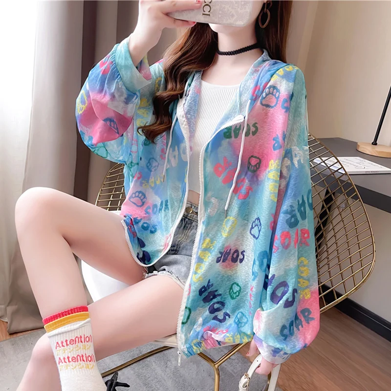DAYIFUN-Women's Thin Jacket with Letter Printed Cardigans Sun Protection Clothing Hooded Zipper Shirts Female Outerwear Summer