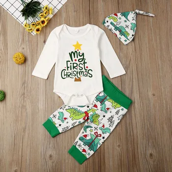 

Pudcoco Newborn Baby Boy Clothes My 1st Christmas Print Romper Tops Cartoon Dinosaur Print Long Pants Hat 3Pcs Outfits Clothes