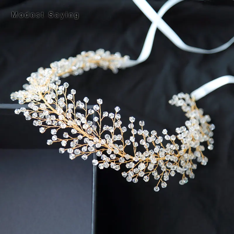 Crystal Branch Wedding Headband Pearls Bridal Headwear with Ribbons Bridal Wreath Ornaments Wedding Accessories Headpiece