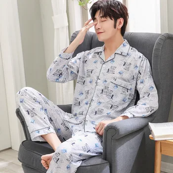

JODIMITTY Men Pyjama Set Cotton Spring Long Sleeve Print Pajama Suits Autumn Nightwear Turndown Collar Pijama Sleepwear Male