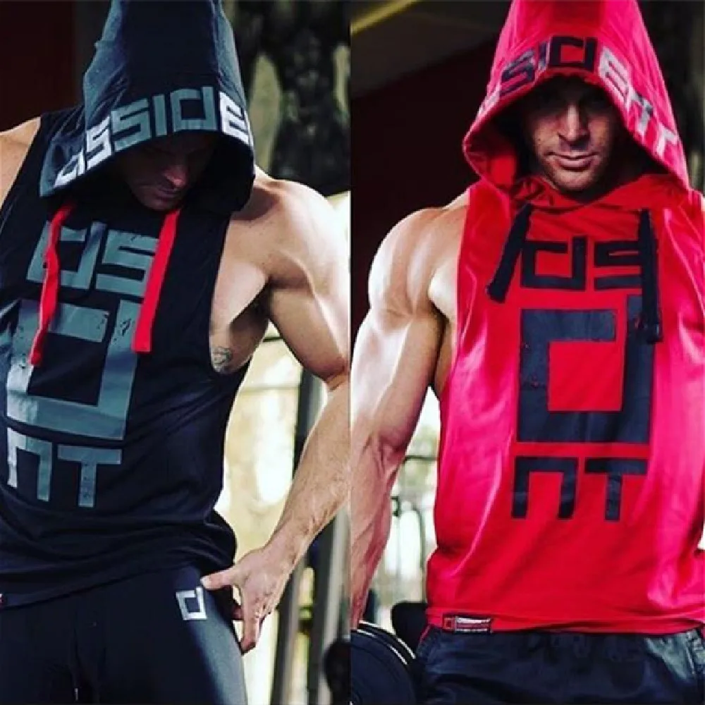 

Men's Fitness Vest Outdoor Running Training Sleeveless Hooded Vest Loose Breathable Personality Printing Simple Men's Vest