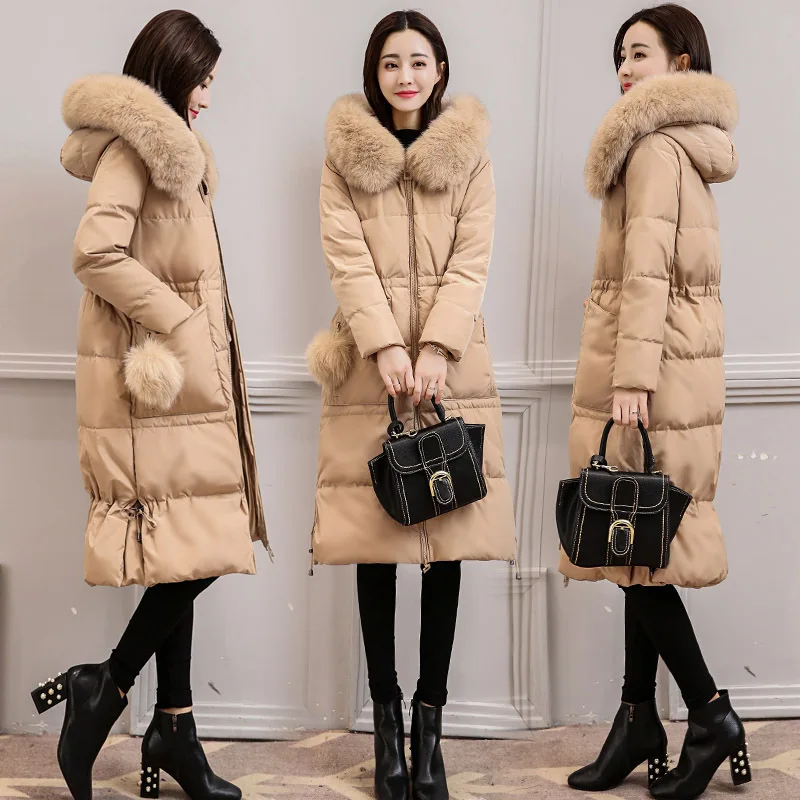 

Long Cotton Coat Women's 2019 Winter New Style Korean-style Slim Fit Slimming over-the-Knee Thick Cotton-padded Jacket Large Fur