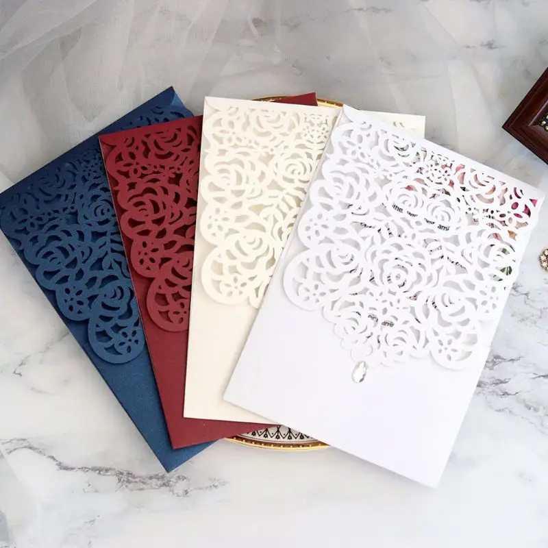 20pcs Retro Greeting Card 4 Colors Optional Laser Cut Rose Invitations Card with Rhinestone Kits Wedding Party