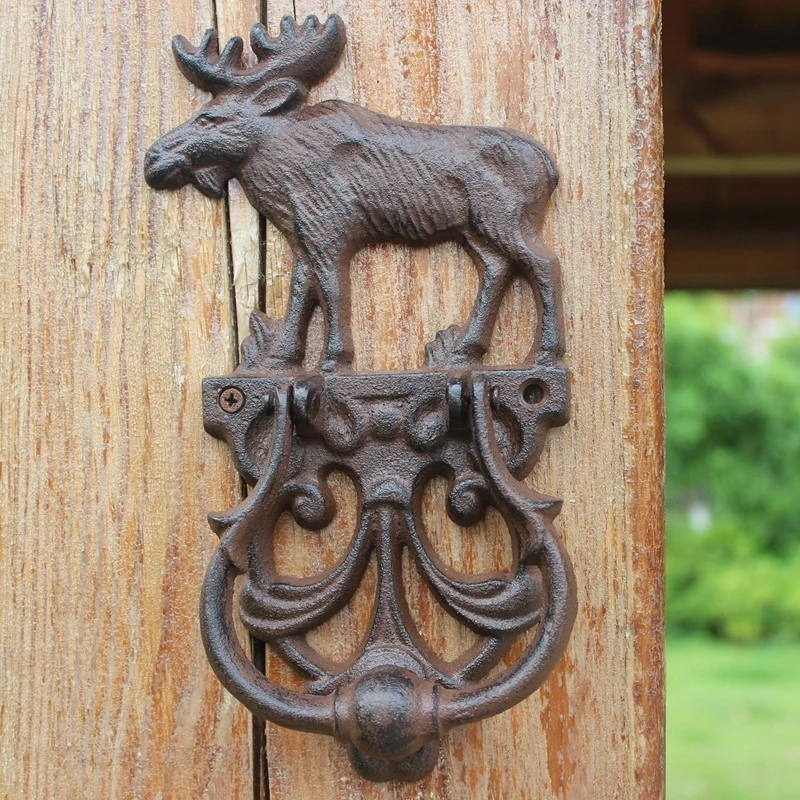 

JD European Style Vintage Cast Iron Crafts Elk Knocker Antique Door Handle Garden Home Door Wall Decoration Knock