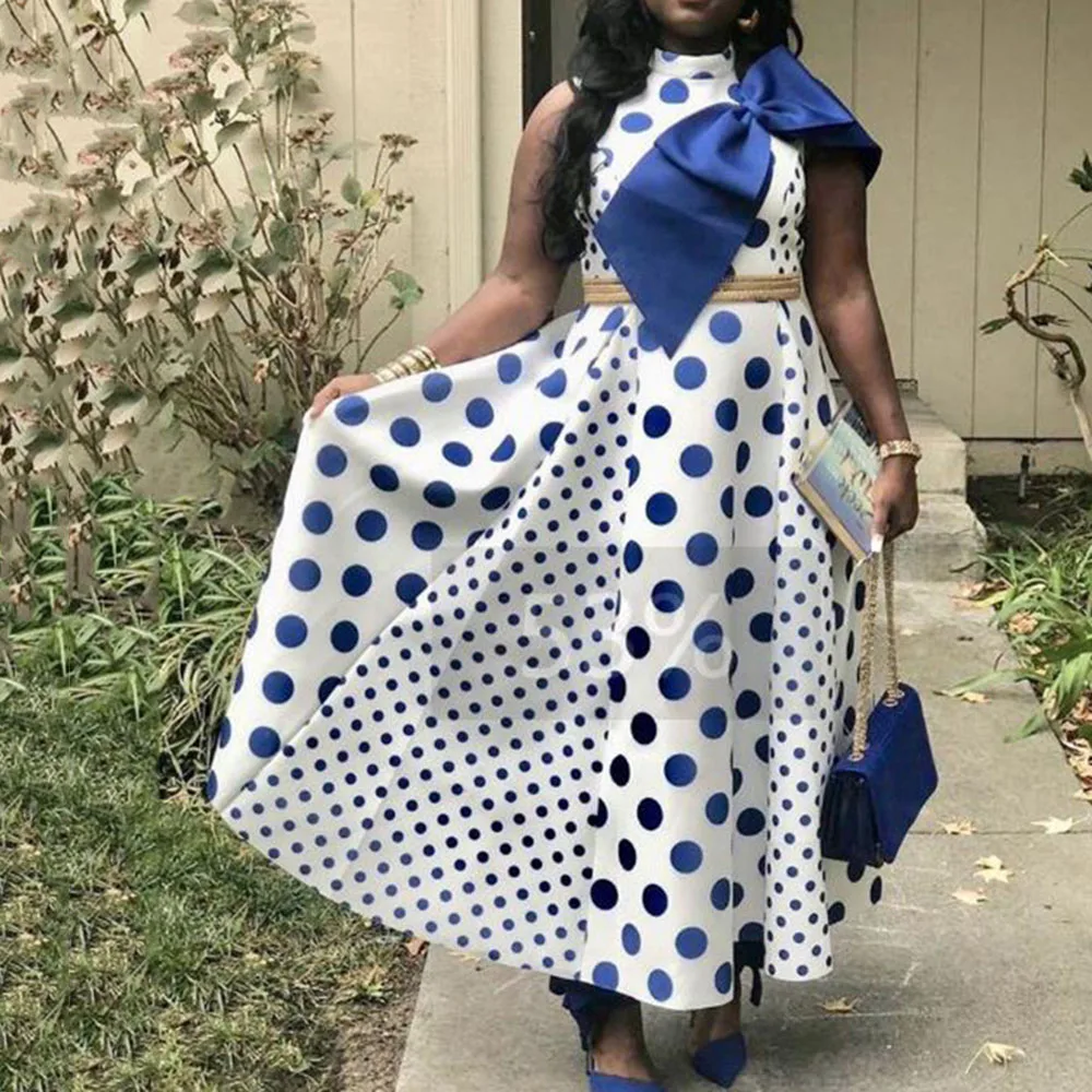 

Women African Dress Halter Long Maxi Dresses Robe Elegant Dinner Party Femme Vestiods Vintage Retro Polka Dot Sleeveless