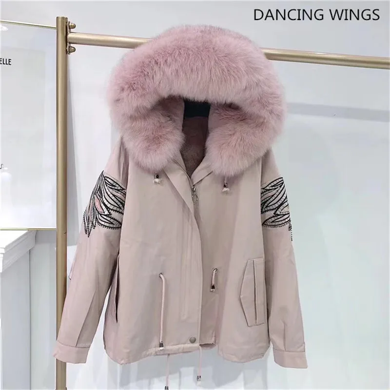 

2019 New Real Fur Parka Detachable Rex Rabbit Fur Liner with Fox Fur Collar Hood Short Coat Wing Embroidery Women Parkas