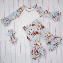 Осенняя одежда для новорожденных Модные Винтажные штаны с цветочным принтом для маленьких девочек длинные топы с рукавами-буффами, повязка на голову, детский зимний костюм для фотосессии Menino