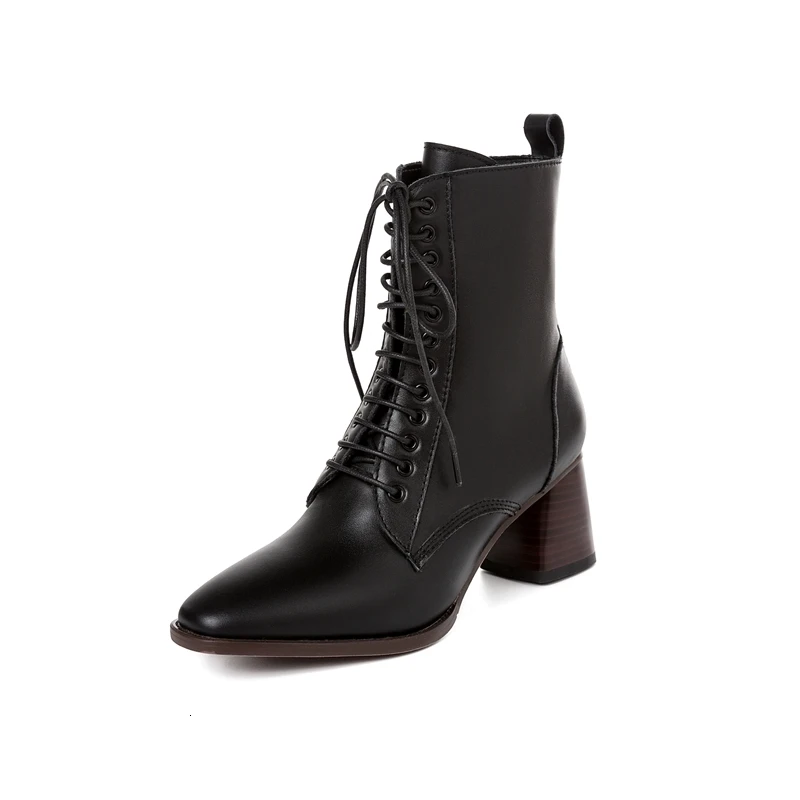 

INS HOT 2020 New Genuine Leather Square Toe Women Ankle Boots Low Heel Square Spring and Autumn Female Lace-up Ankle Boots