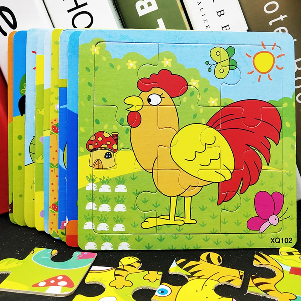 9 Pieces Kids Puzzle Toy Animals and Vehicle Wooden Puzzles Jigsaw Baby Educational Learning Toys for Children Gift