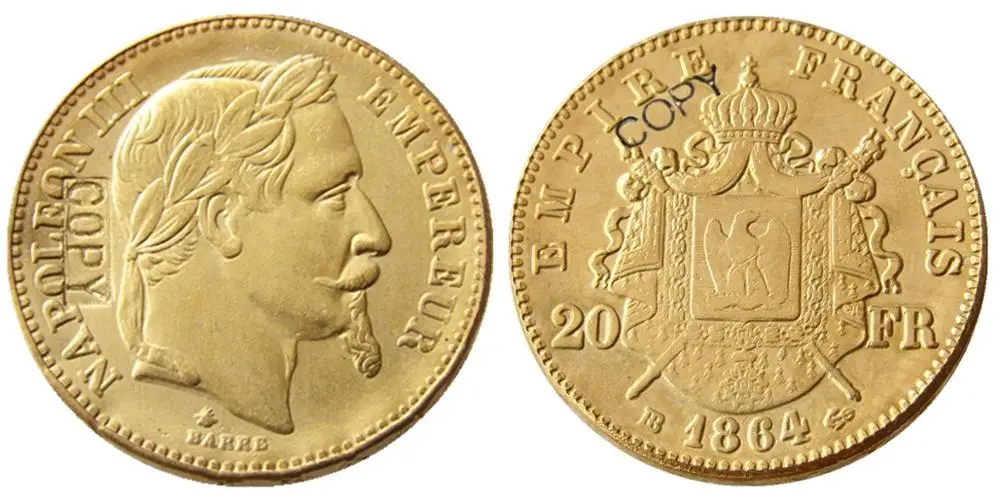Франция 20 Франк 1861-1870-A-B лет доступны Позолоченные копии монеты - Цвет: 1864-B