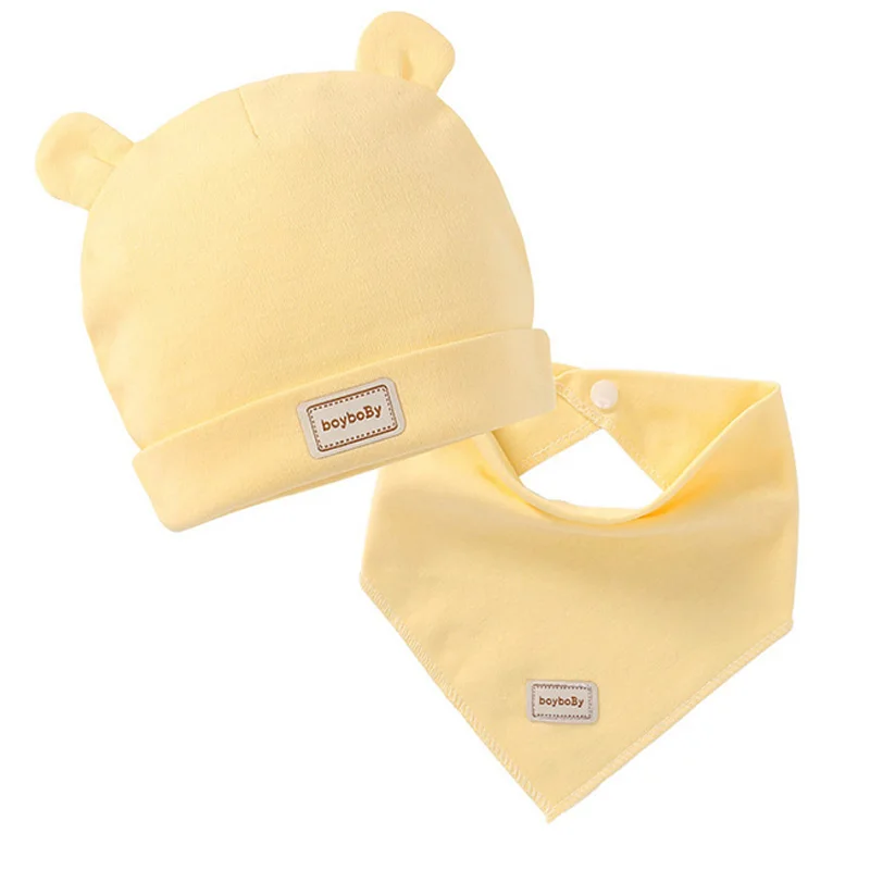 

3 Color Eslatic Headscarf Double Layer Cotton Baby Caps&hats with Baby Bibs Set Pink Yellow and Sky Blue for Newborn Infant