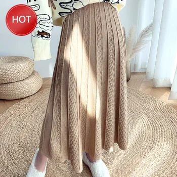 

Korean knit skirt 2020 Autumn and Winter Knitted Skirt for women Midi over-the-Knee Pendant Shiny long Skirt womens Solid