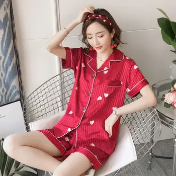 

Short-sleeved Summer Pit Strip Ladies Pajamas Suit Lapel Love Stripes Can Be Worn Outside Sleepwear Pajama Set Verano Mujer