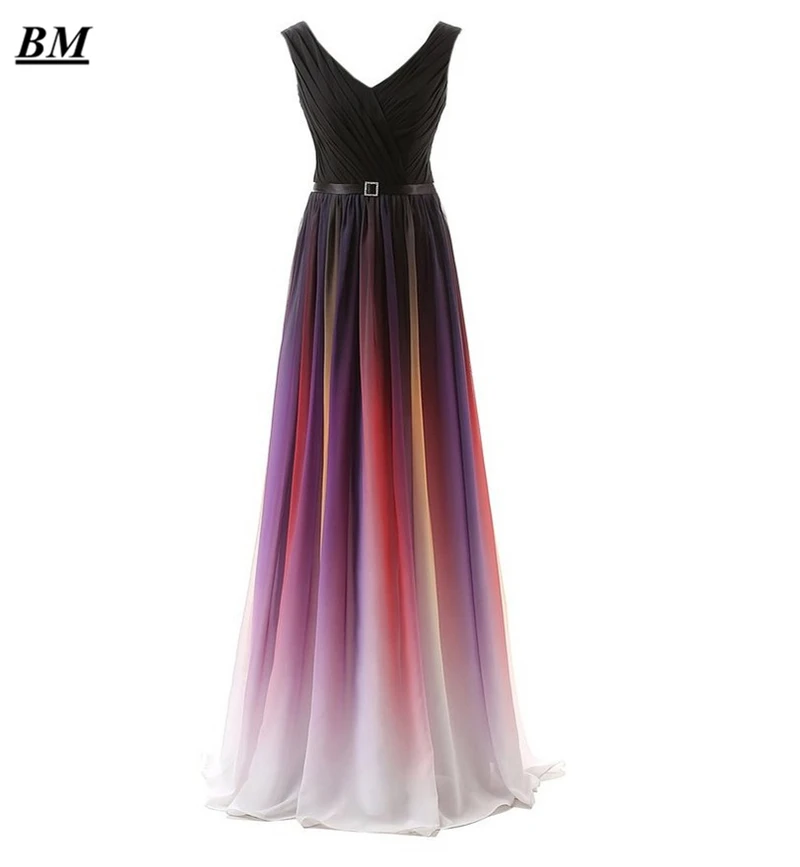 

2019 Sexy V-Neck Gradient Chiffon Prom Dresses Beaded Sequined Long Ombre Formal Evening Dress Party Gown Vestidos De Gala BM06