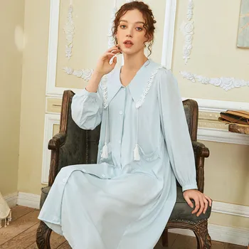 

Women Princess Nightgown Blue White Sleepwear Lady Spring Autumn Long Sleeve Nightdress Loose Robe Nightgown