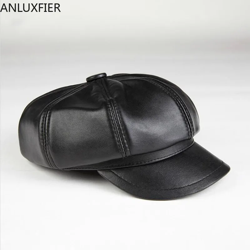 

H6981 Genuine Leather Black Visor Hat Female Sheepskin Casual Cap Autumn Winter Leisure Korean Painter Hats Women Fashion Caps