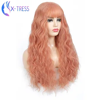 

Rose Pink Synthetic Wigs For Women Fluffy Long Soft Hair X-TRESS Wig With Bangs Heat Resistant Daily Cosplay Use Colorful Wig