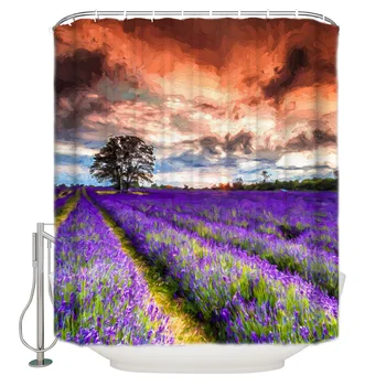 

Oil Painting Style Lavender Field Shower Curtain Waterproof Polyester With 12 Hooks