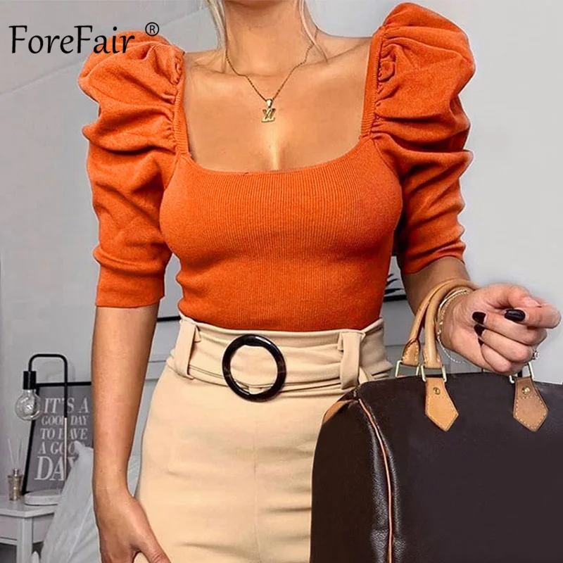 Forefair винтажный буф рукав женская блузка квадратный вырез корейский стиль топы элегантный укороченный сексуальный белый черный тонкий блузка для женщин - Цвет: Orange Blouse