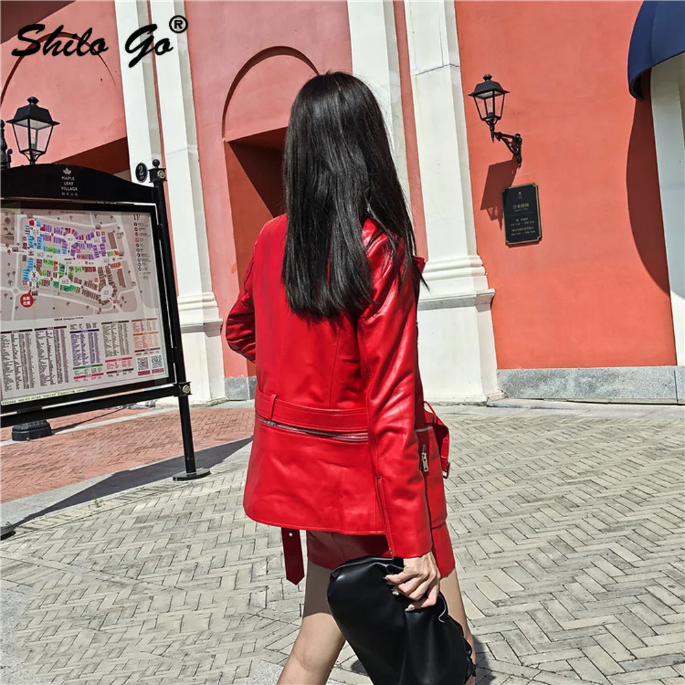 Genuine Leather Jacket Highstreet Notched Neck Buckle Belted Sheepskin Coat Women Autumn Winter Casual Slim Outwear Female Red