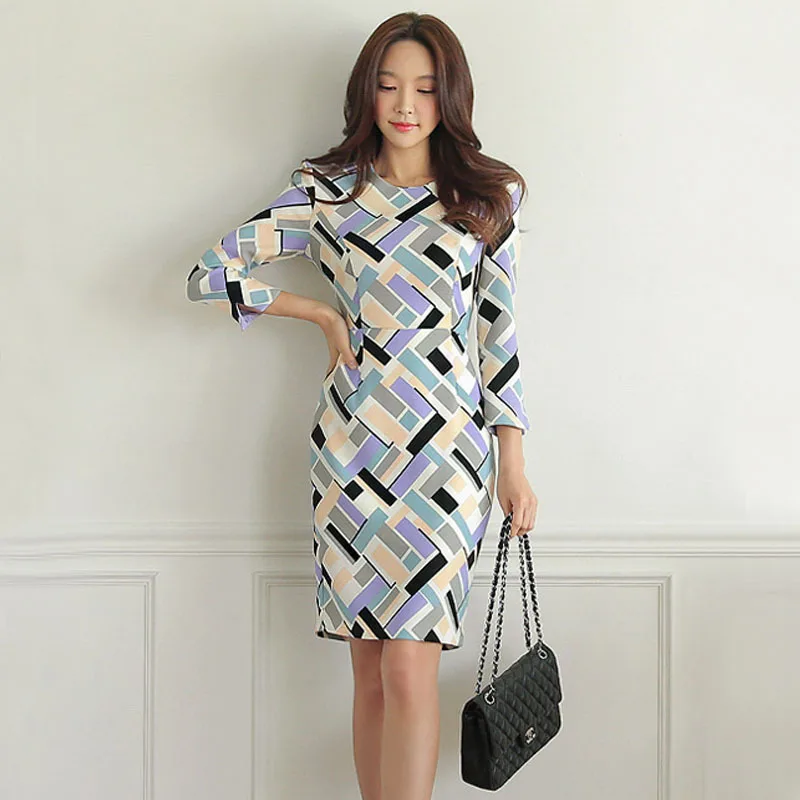 

Foamlina Elegant Women's Bodycon Dress Geometric Print Pencil Dress 2019 O Neck 3/4 Sleeve Casual Ladies Autumn OL Work Dress