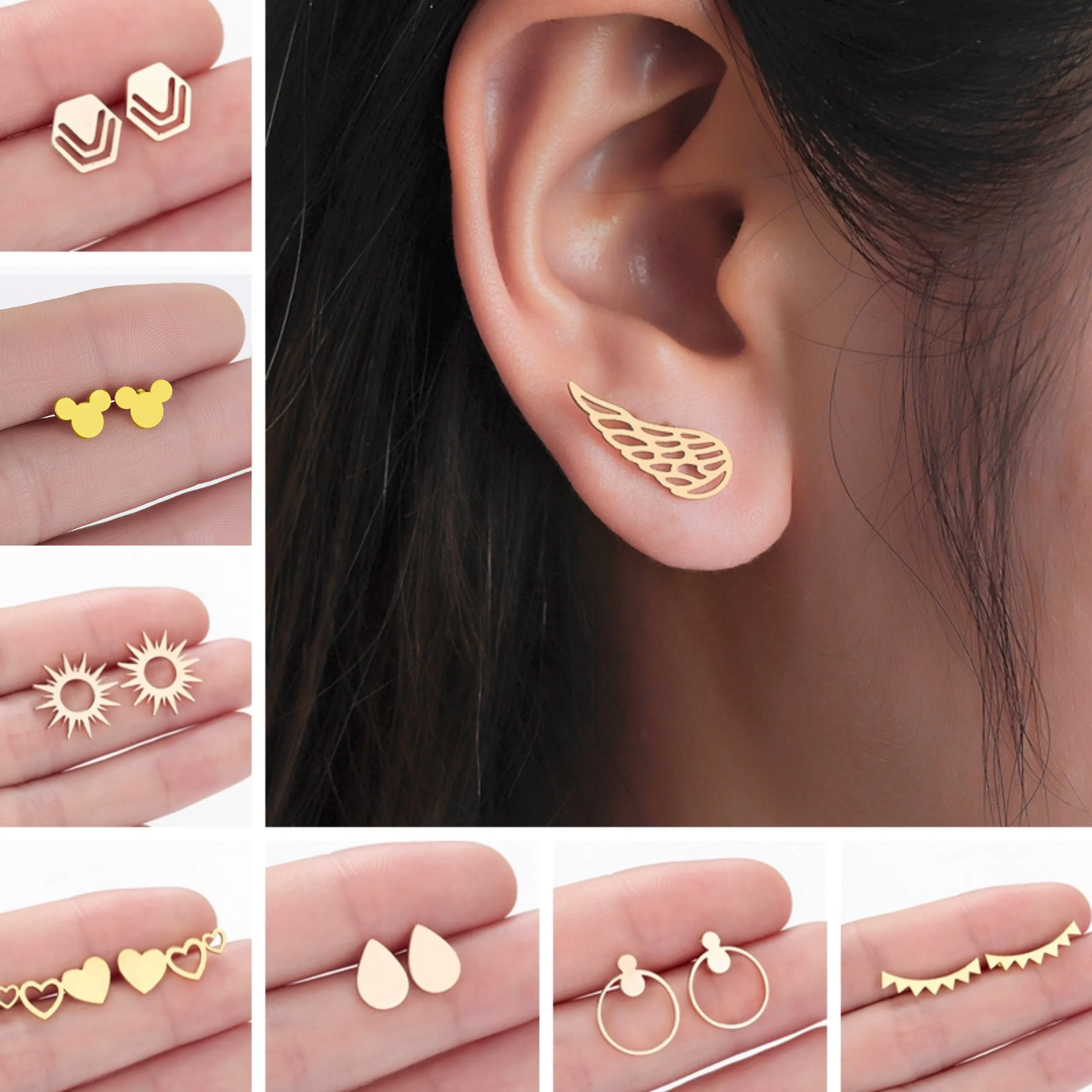 

Stainless Steel Earrings Women Hexagon Wings Water Drop Geometric Stud Earrings Vintage Fashion Jewelry Ladies Gift Gold Earring