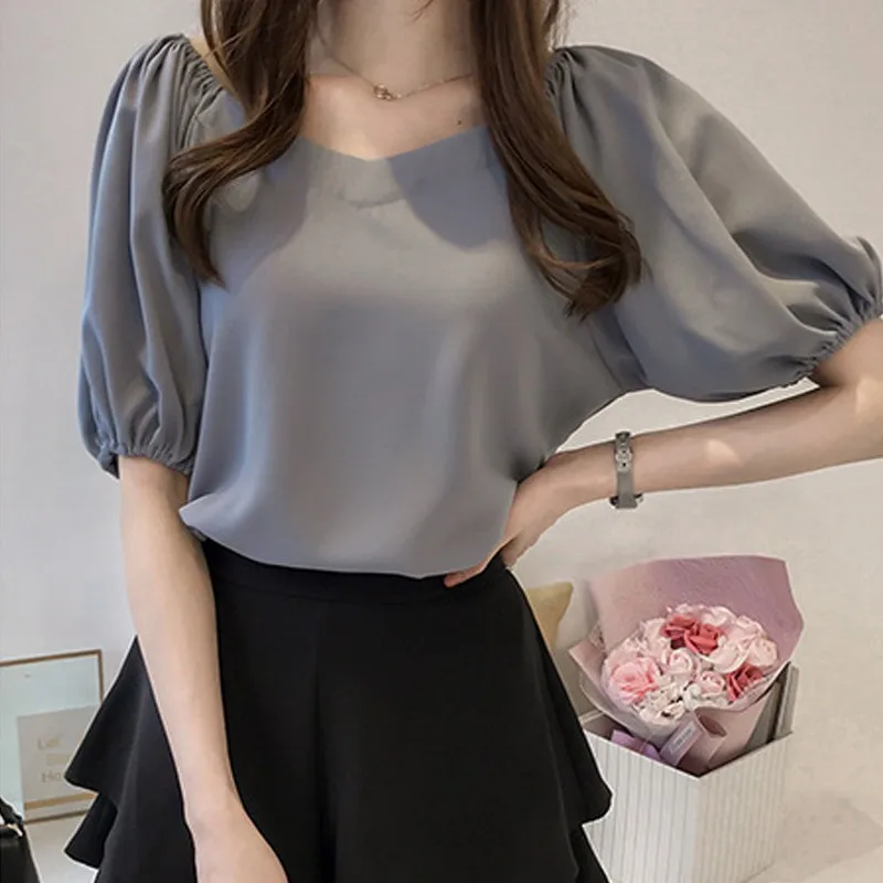 

New Summer Women Blouses Tops V-Neck Short Sleeve Chiffon Blouse Female Shirts Blusas