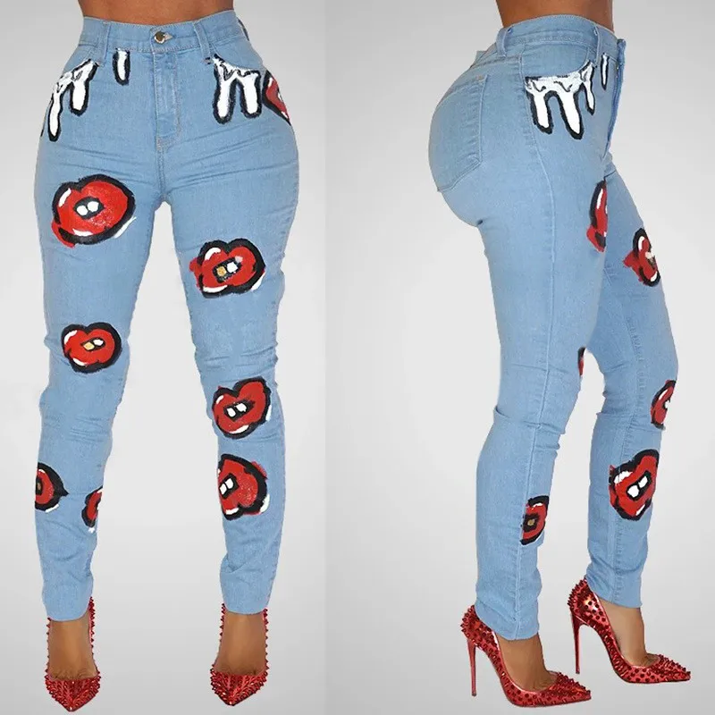 Fashion High Waist push up jeans Women printing Button Pocket Slim fit jeans ladies Ripped elastic skinny Pencil pants 2020 new